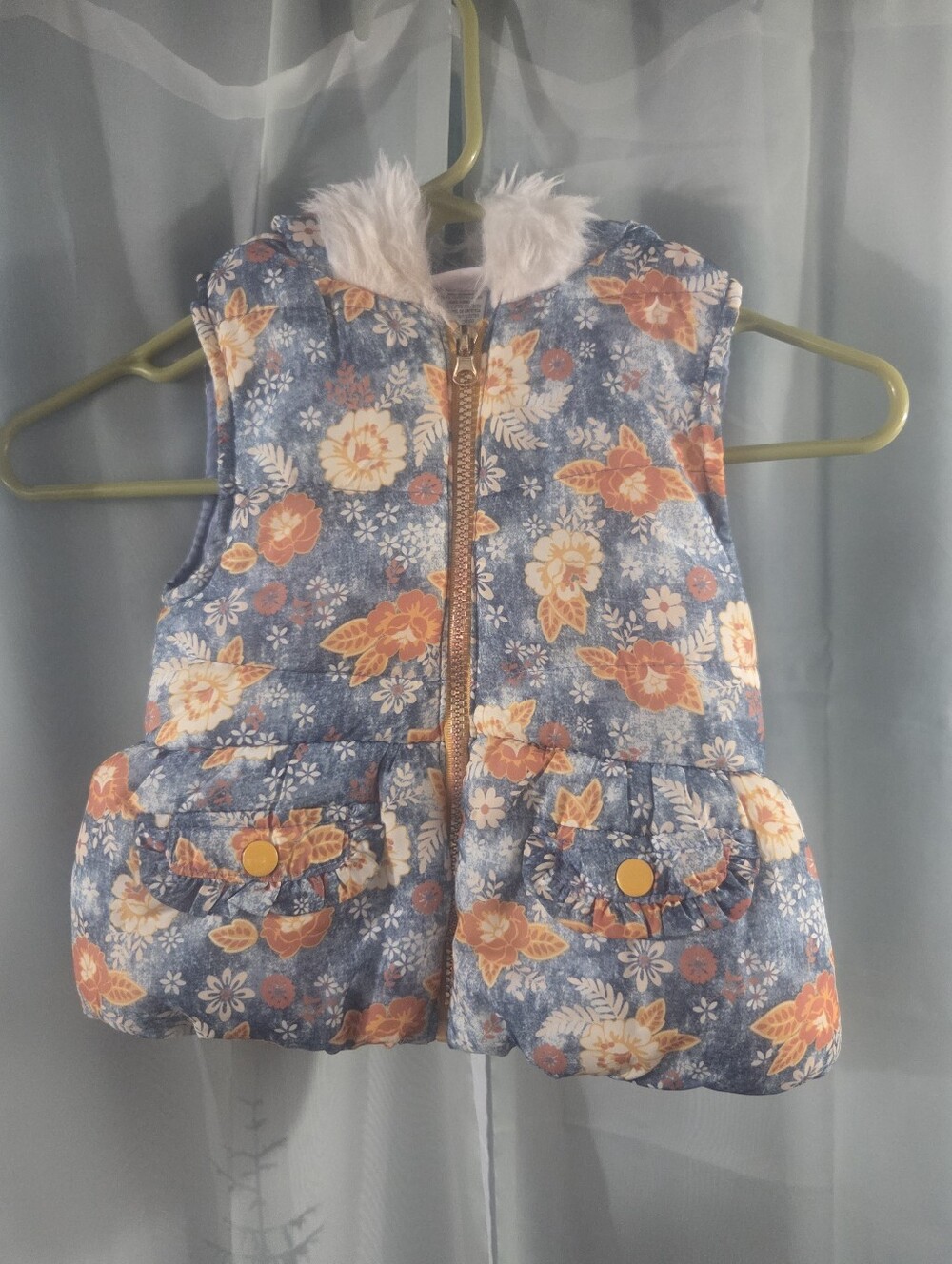 Little Lass Floral Hooded Puffer Vest - Blue, Orange & Cream